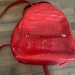 Authentic Tory Burch Croc-Embossed Mini Backpack Womens Red.